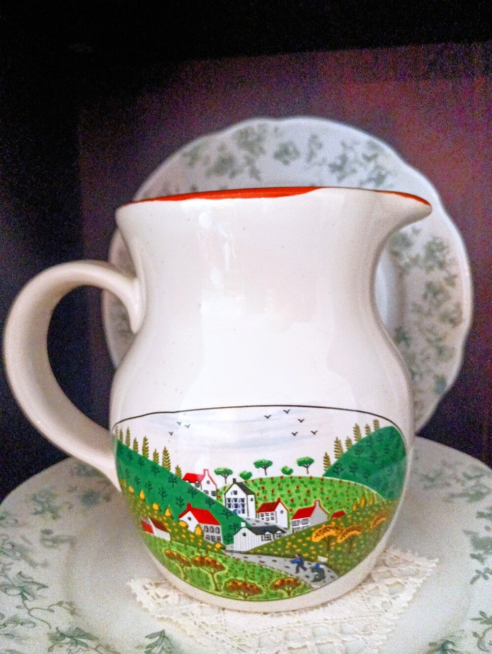 New Core Stoneware Pitcher - White with Orange Trim Village Cottagecore